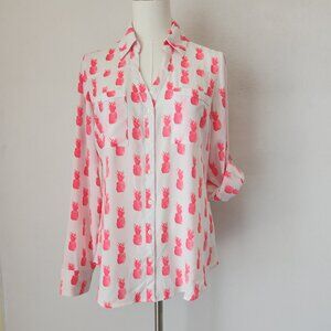 Express The Portofino Pink Pineapple Chiffon Shirt Button-Up Roll Tap Sleeve